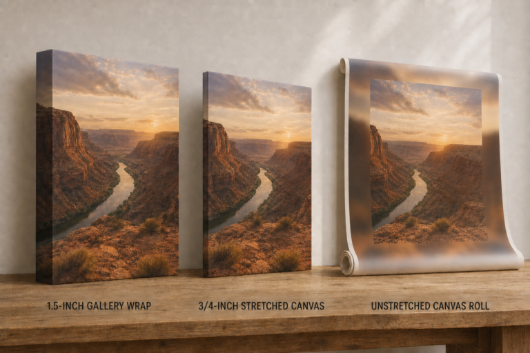 Comparison of 1.5-inch gallery wrap, 3/4-inch stretched canvas, and unstretched canvas roll with a blurred wrap allowance