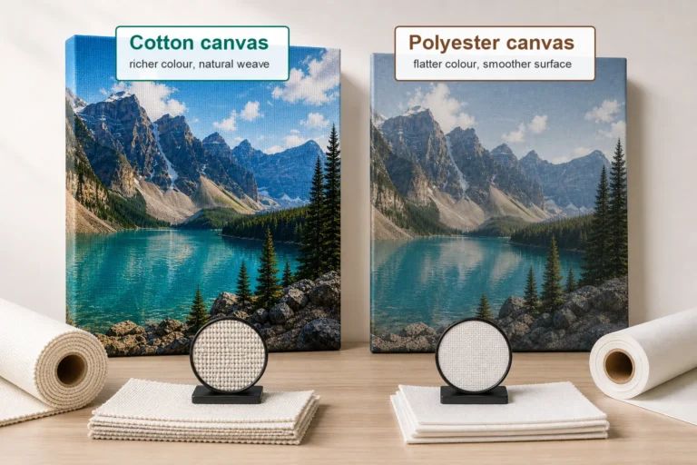 Labeled side by side comparison showing cotton canvas on the left and polyester canvas on the right