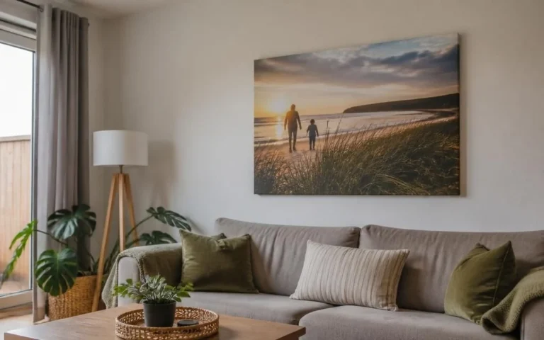 Large gallery-wrapped family photo canvas displayed in a Canadian living room.
