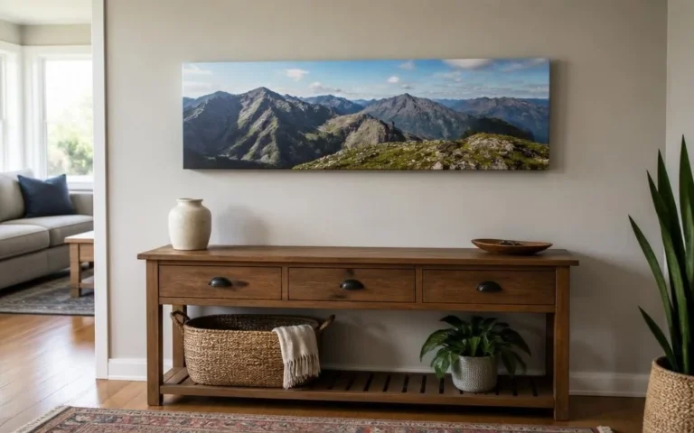 Large panoramic mountain and lake canvas print displayed in a Canadian living room.