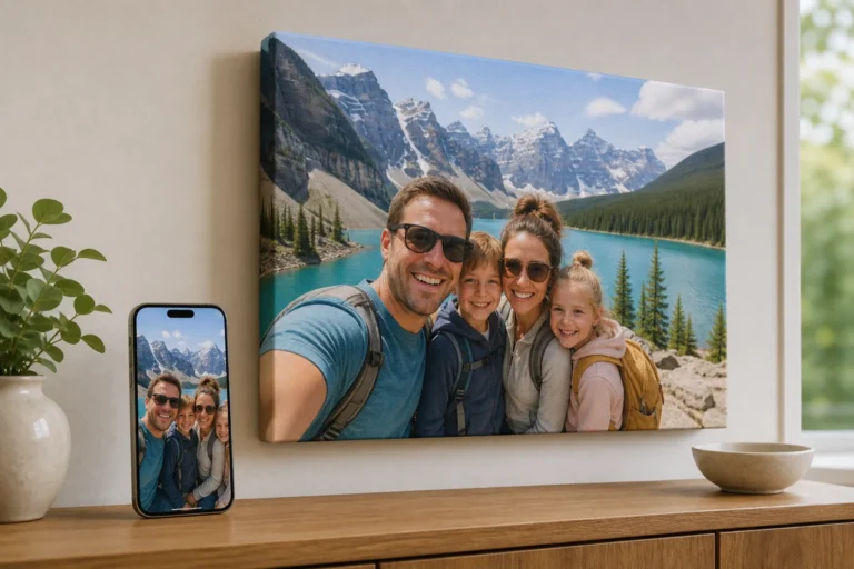 Smartphone family photo matched to a polished frameless canvas print in a contemporary interior.