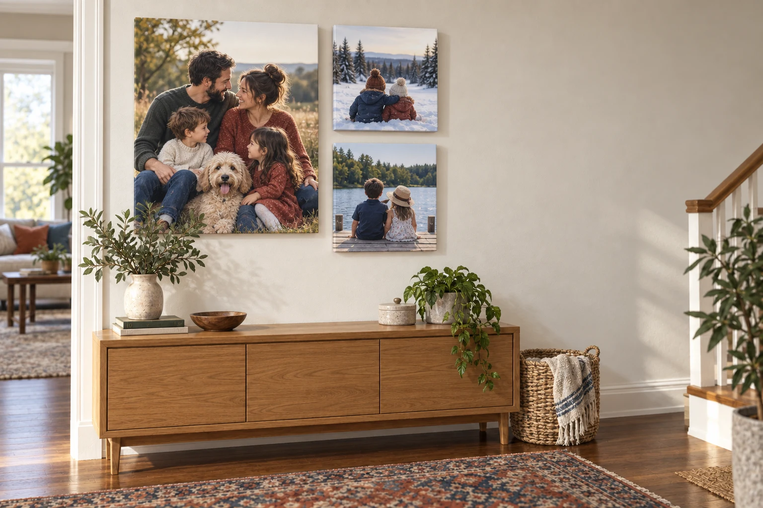 Three unframed canvases displaying family photographs above a wood console, with space for more prints.