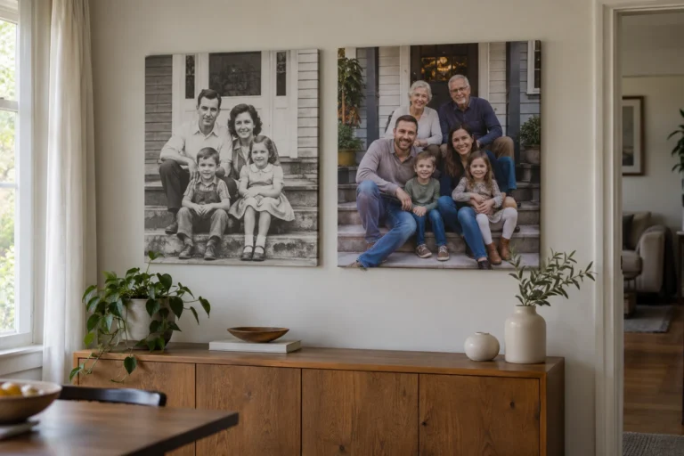 Two canvas prints above a sideboard: an older black-and-white family photograph and a modern colour family photograph.