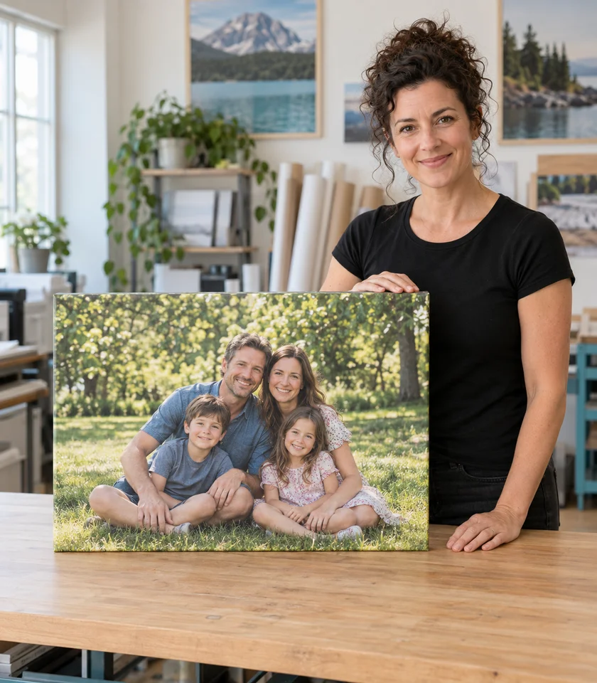 Šárka presenting a family portrait canvas on a workbench