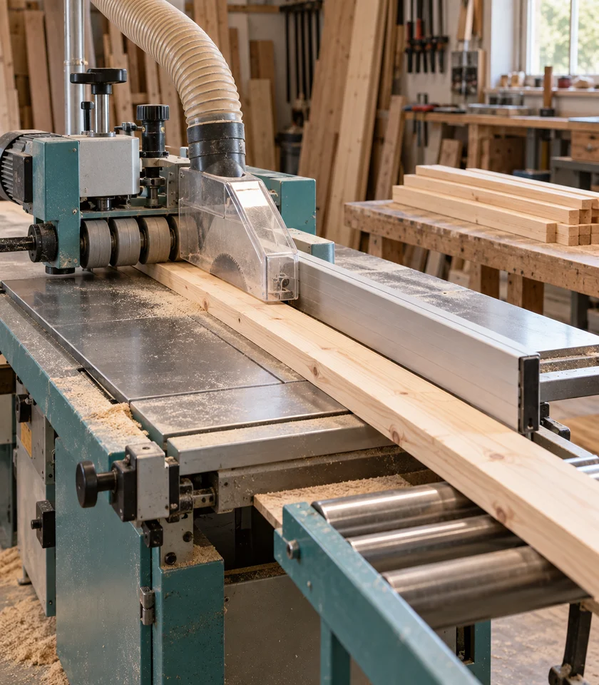 Fir lumber being fed through a guarded rip saw in a woodshop